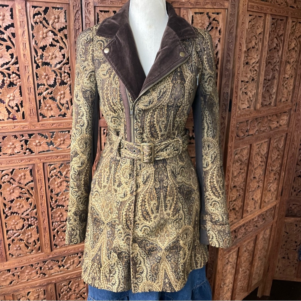 FREE PEOPLE Vintage Y2K Brown Paisley Belted Utility Trench Coat Duster Jacket - Picture 3 of 16